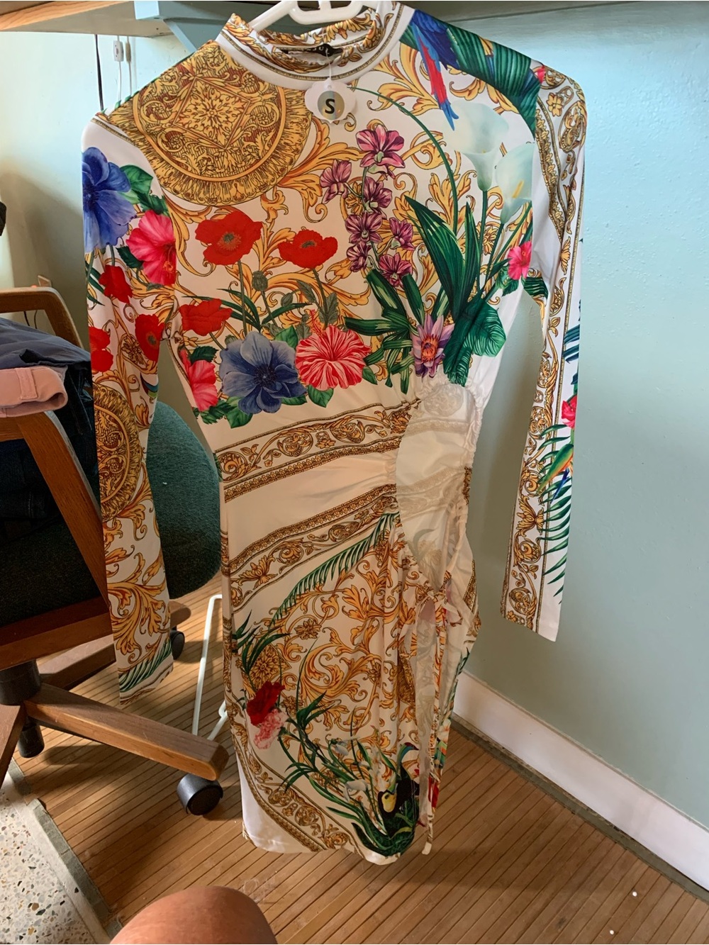 Banjul White Dress Gold Baroque and Green & Pink Floral Accents open side SMALL